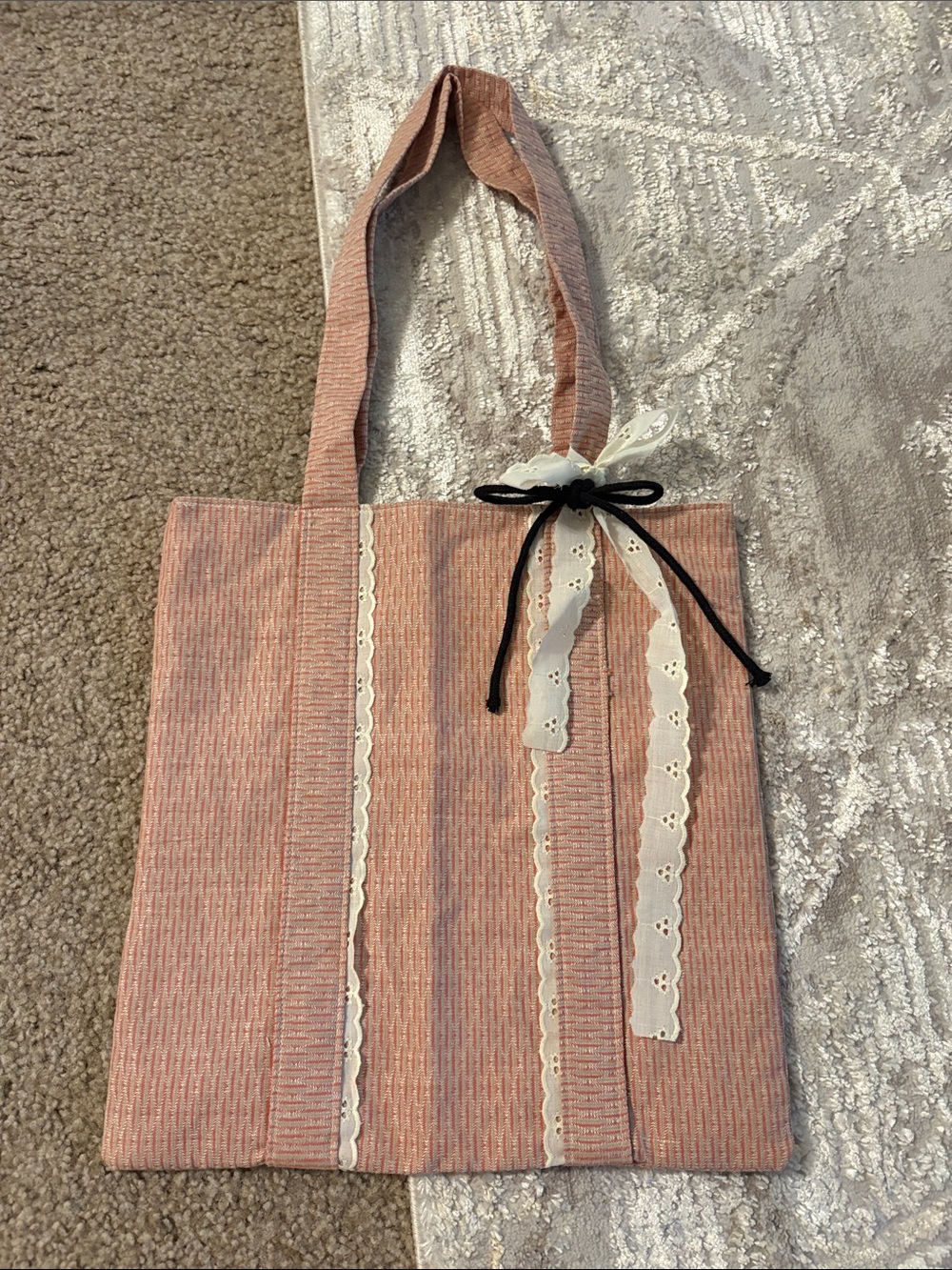 Pink Lace-Trim Cotton Tote Bag with Ribbon Accent